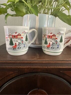 Vintage Sango Joan Luntz Silent Night Christmas Mug 3900 Set 2 Snow Winter Korea